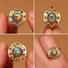 Load image into Gallery viewer, Sunray Halo Dark Opal Ring with S&P Diamonds & Sapphires - 18k Gold