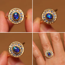 Load image into Gallery viewer, Sunray Halo Blue Crystal Opal Ring with Sapphires - 18k Gold