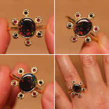 Load image into Gallery viewer, Starseed Circle Black Opal Ring with Black Diamonds & Rubbies - 18k Gold