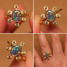 Load image into Gallery viewer, Starseed Circle Black Opal Ring with Sapphires & Ruby - 18k Gold