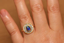 Load image into Gallery viewer, Sunray Halo Blue Crystal Opal Ring with Sapphires - 18k Gold