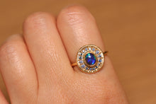 Load image into Gallery viewer, Sunray Halo Blue Crystal Opal Ring with Sapphires - 18k Gold
