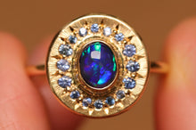 Load image into Gallery viewer, Sunray Halo Blue Crystal Opal Ring with Sapphires - 18k Gold