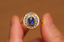 Load image into Gallery viewer, Sunray Halo Blue Crystal Opal Ring with Sapphires - 18k Gold