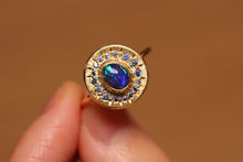 Load image into Gallery viewer, Sunray Halo Blue Crystal Opal Ring with Sapphires - 18k Gold