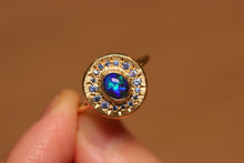 Load image into Gallery viewer, Sunray Halo Blue Crystal Opal Ring with Sapphires - 18k Gold