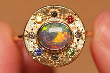 Load image into Gallery viewer, Sunray Halo Dark Opal Ring with S&P Diamonds & Sapphires - 18k Gold