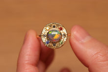 Load image into Gallery viewer, Sunray Halo Dark Opal Ring with S&P Diamonds & Sapphires - 18k Gold
