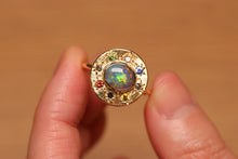 Load image into Gallery viewer, Sunray Halo Dark Opal Ring with S&P Diamonds & Sapphires - 18k Gold