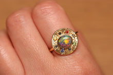 Load image into Gallery viewer, Sunray Halo Dark Opal Ring with S&P Diamonds & Sapphires - 18k Gold