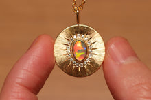 Load image into Gallery viewer, Sunray Halo Rolling Flash Crystal Opal Pendant with Diamonds - 18k Gold