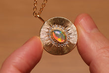 Load image into Gallery viewer, Sunray Halo Rolling Flash Crystal Opal Pendant with Diamonds - 18k Gold