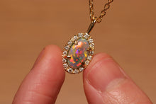 Load image into Gallery viewer, Classic Halo Dark Opal Pendant with Diamonds - 18k Gold