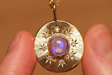 Load image into Gallery viewer, Sunray Halo Purple Crystal Opal Pendant with Diamonds - 18k Gold