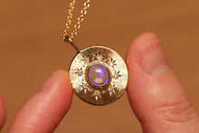 Load image into Gallery viewer, Sunray Halo Purple Crystal Opal Pendant with Diamonds - 18k Gold