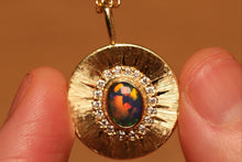 Load image into Gallery viewer, Sunray Halo Quality Black Opal Pendant with Diamonds - 18k Gold