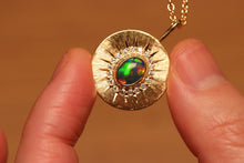 Load image into Gallery viewer, Sunray Halo Quality Black Opal Pendant with Diamonds - 18k Gold