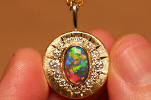 Load image into Gallery viewer, Sunray Halo Black Crystal Opal Pendant with Diamonds - 18k Gold