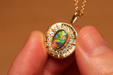 Load image into Gallery viewer, Sunray Halo Black Crystal Opal Pendant with Diamonds - 18k Gold