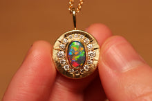 Load image into Gallery viewer, Sunray Halo Black Crystal Opal Pendant with Diamonds - 18k Gold
