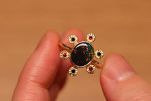 Load image into Gallery viewer, Starseed Circle Black Opal Ring with Black Diamonds & Rubbies - 18k Gold