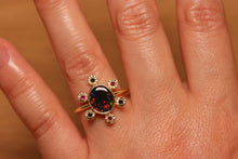 Load image into Gallery viewer, Starseed Circle Black Opal Ring with Black Diamonds & Rubbies - 18k Gold