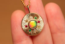 Load image into Gallery viewer, Sunray Multi-coloured Halo Opal Pendant - 18k Gold