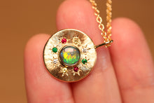 Load image into Gallery viewer, Sunray Multi-coloured Halo Opal Pendant - 18k Gold