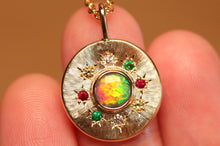 Load image into Gallery viewer, Sunray Multi-coloured Halo Opal Pendant - 18k Gold