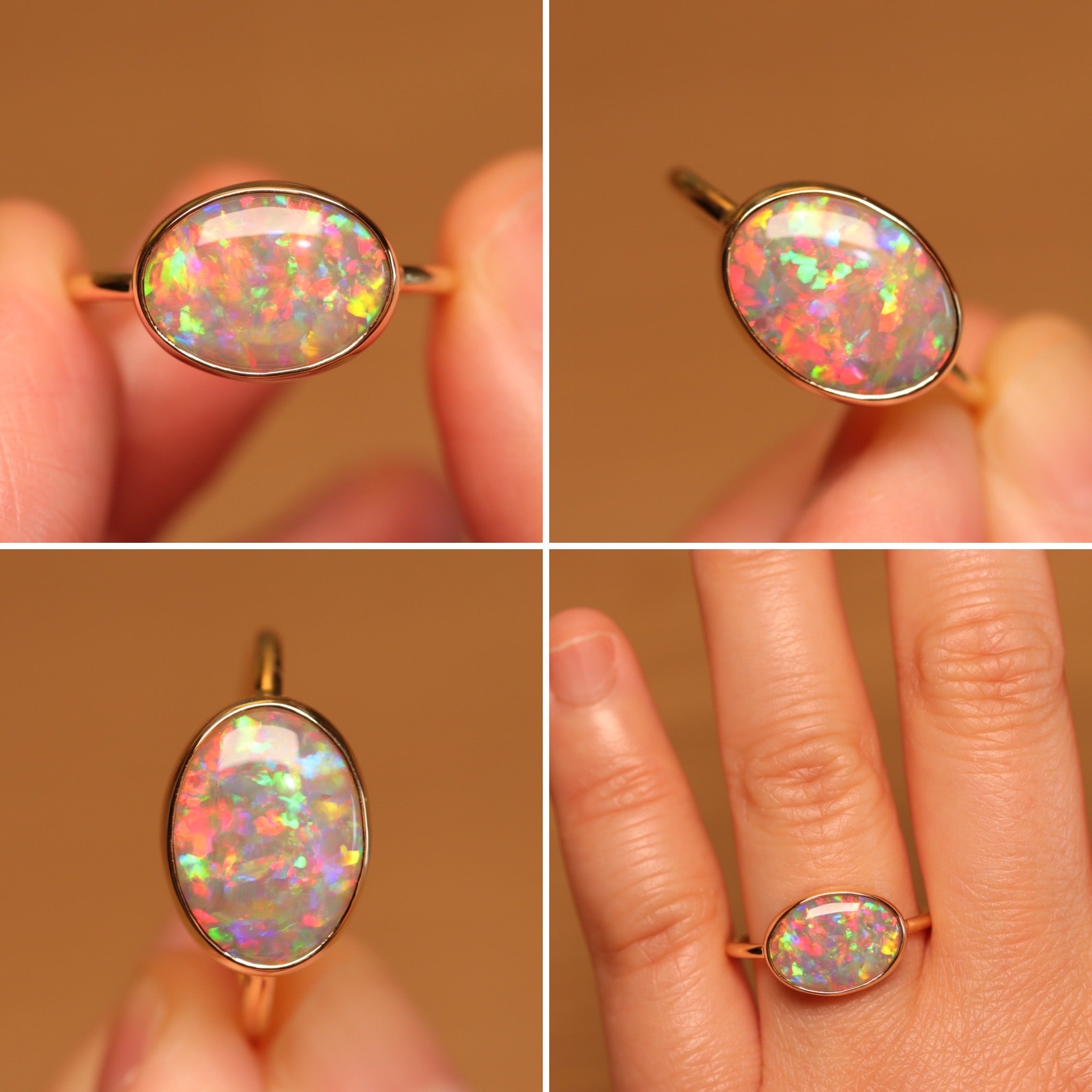 Floral Pattern Gem Crystal Opal Ring 18k Gold Lightworker Jewellery