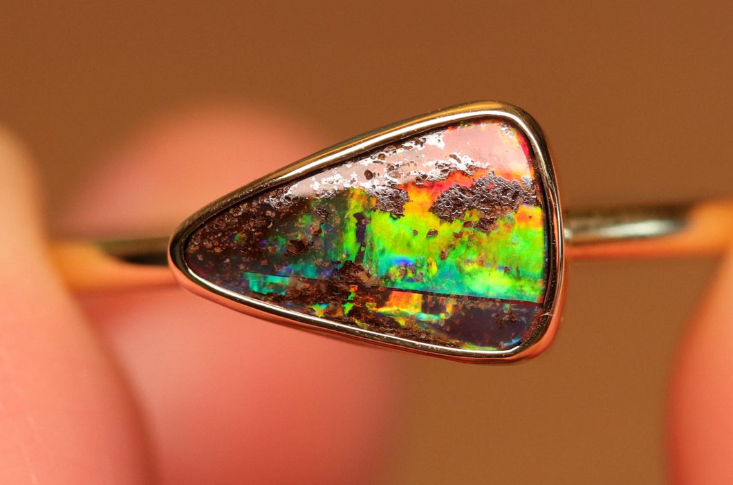 Flashy Rainbow Boulder Opal Ring - 18k Gold