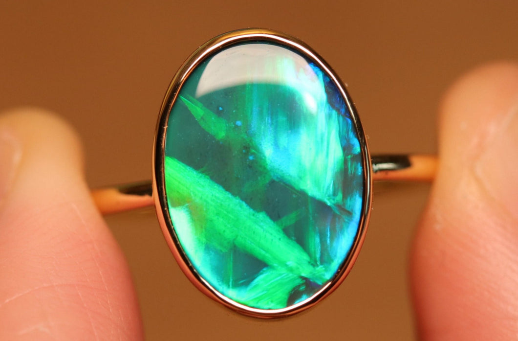 Fluorescent Emerald Green Black Opal Ring - 18k Gold