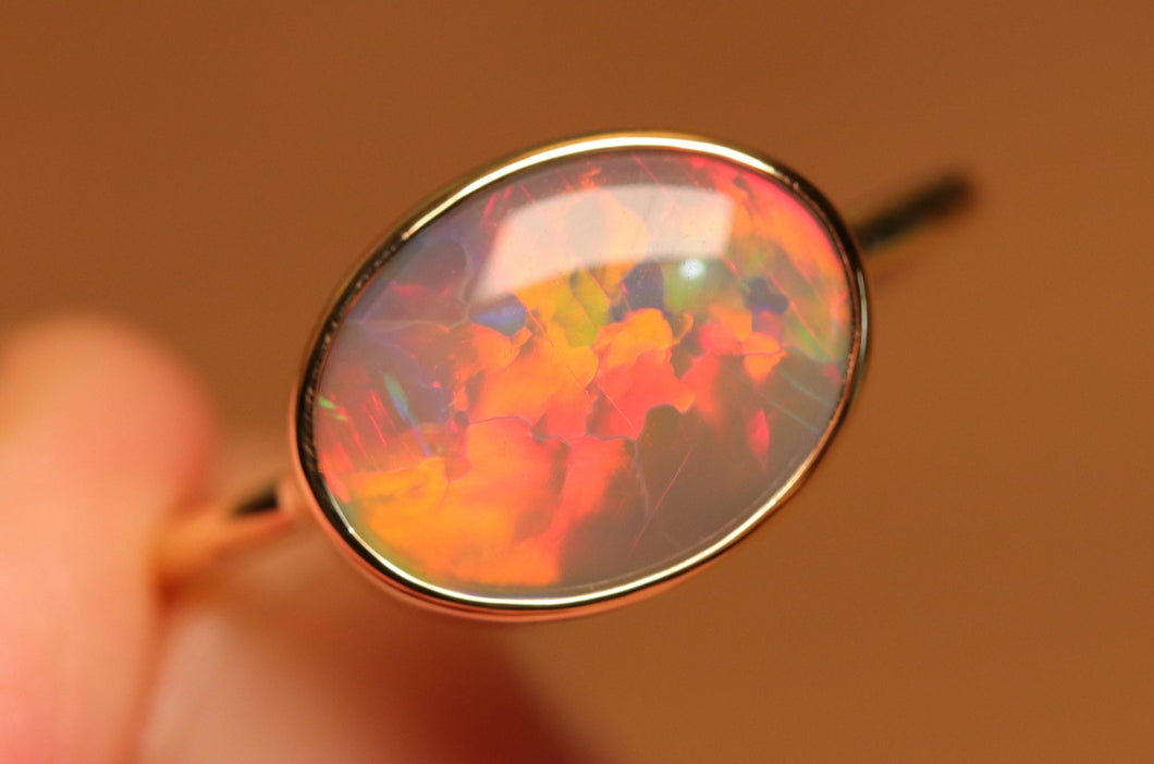 Fiery Rainbow Dark Opal Ring - 18k Gold