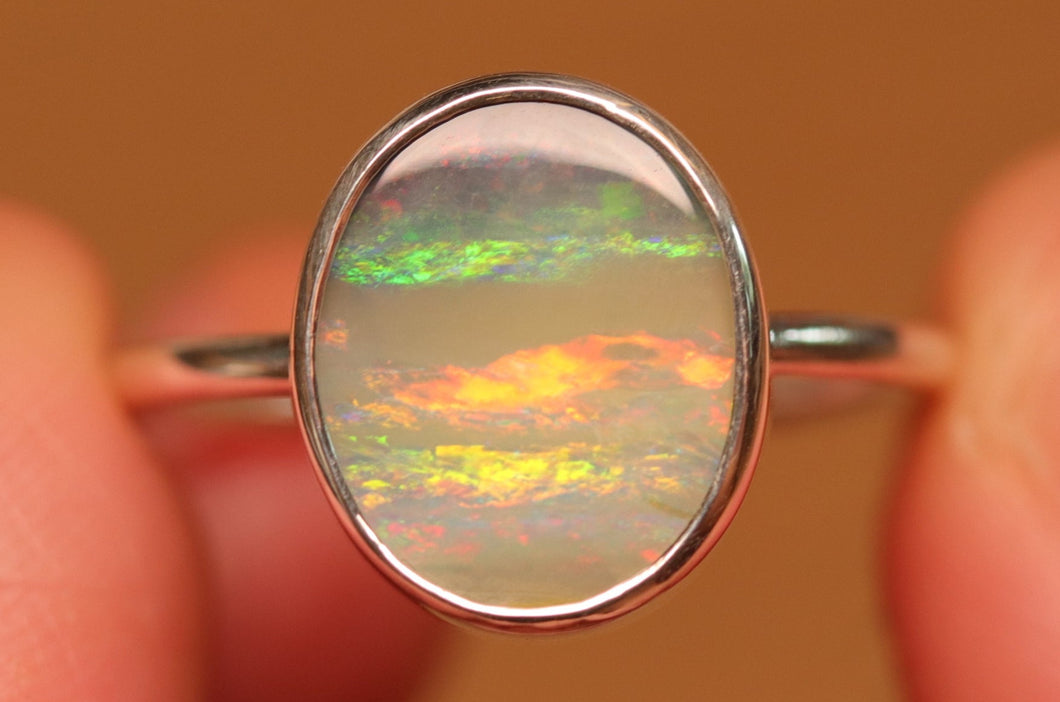 Pastel Colour Stripey Boulder Opal Ring - Silver