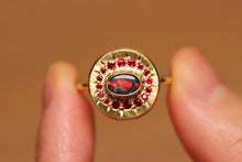 Load image into Gallery viewer, Sunray Halo Red Black Opal Ring with Rubies - 18k Gold
