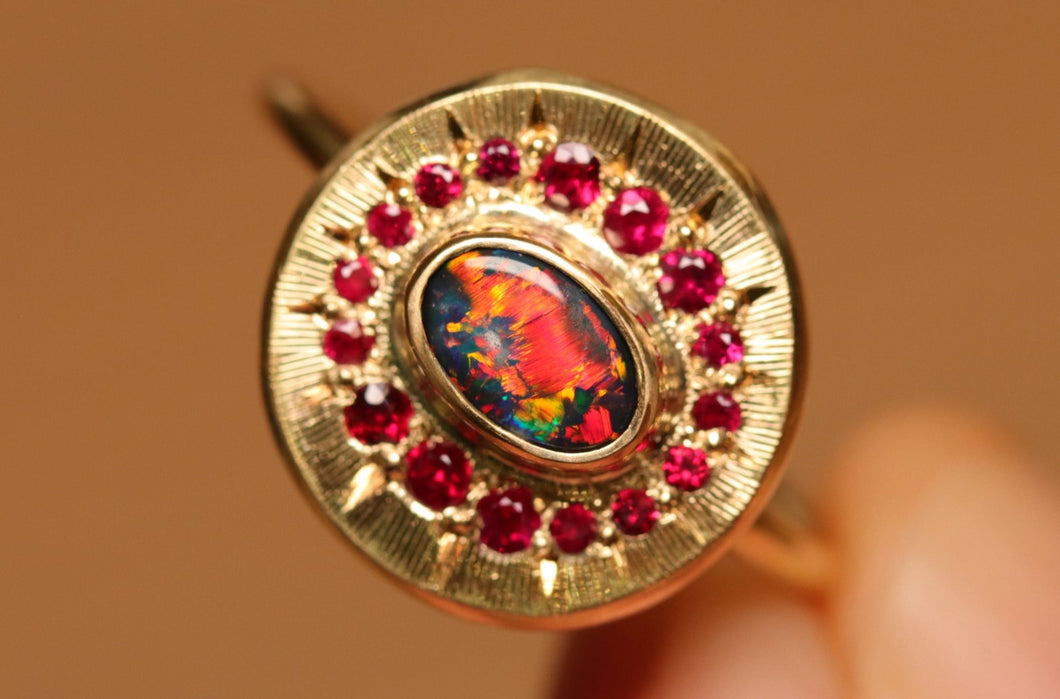 Sunray Halo Red Black Opal Ring with Rubies - 18k Gold
