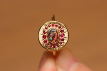 Load image into Gallery viewer, Sunray Halo Red Black Opal Ring with Rubies - 18k Gold
