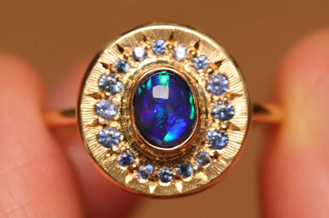 Sunray Halo Blue Crystal Opal Ring with Sapphires - 18k Gold