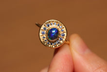 Load image into Gallery viewer, Sunray Halo Blue Crystal Opal Ring with Sapphires - 18k Gold
