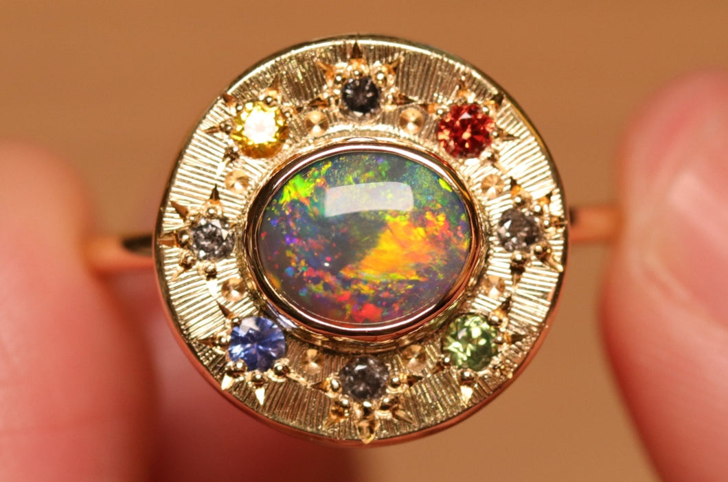 Sunray Halo Dark Opal Ring with S&P Diamonds & Sapphires - 18k Gold