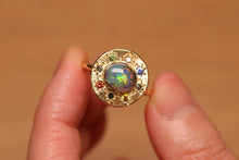 Load image into Gallery viewer, Sunray Halo Dark Opal Ring with S&amp;P Diamonds &amp; Sapphires - 18k Gold
