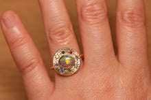 Load image into Gallery viewer, Sunray Halo Dark Opal Ring with S&amp;P Diamonds &amp; Sapphires - 18k Gold
