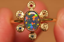 Load image into Gallery viewer, Starseed Circle Black Opal Ring with Sapphires &amp; Ruby - 18k Gold
