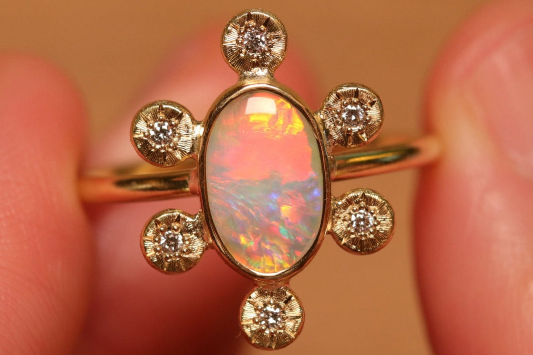 Starseed Circle Pastel Opal Ring with Diamonds - 18k Gold