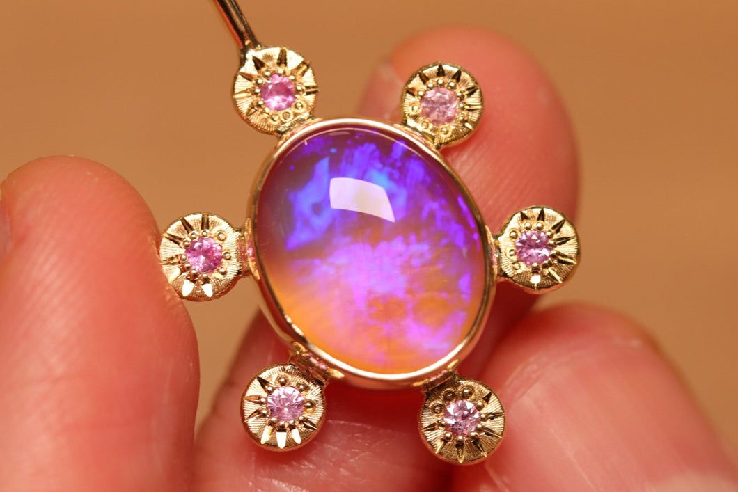 Starseed Circle Purple Crystal Opal Pendant with Sapphires - 18k Gold