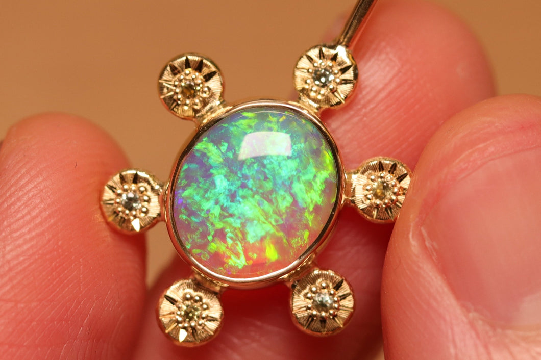 Starseed Circle Green Crystal Opal Pendant with Sapphires - 18k Gold