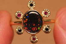 Load image into Gallery viewer, Starseed Circle Black Opal Ring with Black Diamonds &amp; Rubbies - 18k Gold

