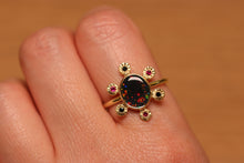 Load image into Gallery viewer, Starseed Circle Black Opal Ring with Black Diamonds &amp; Rubbies - 18k Gold
