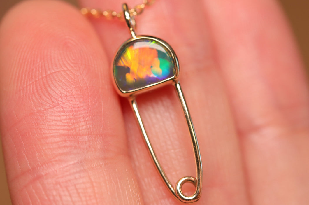 Opal Safety Pin Pendant #2 - 9k Gold