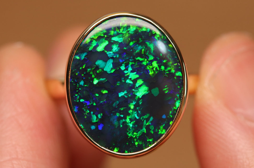 Gem Quality Floral Pattern Black Opal Ring - 18k Gold